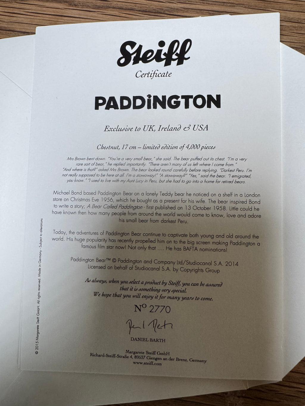 Steiff Paddington Bear -2015 Limited Edition