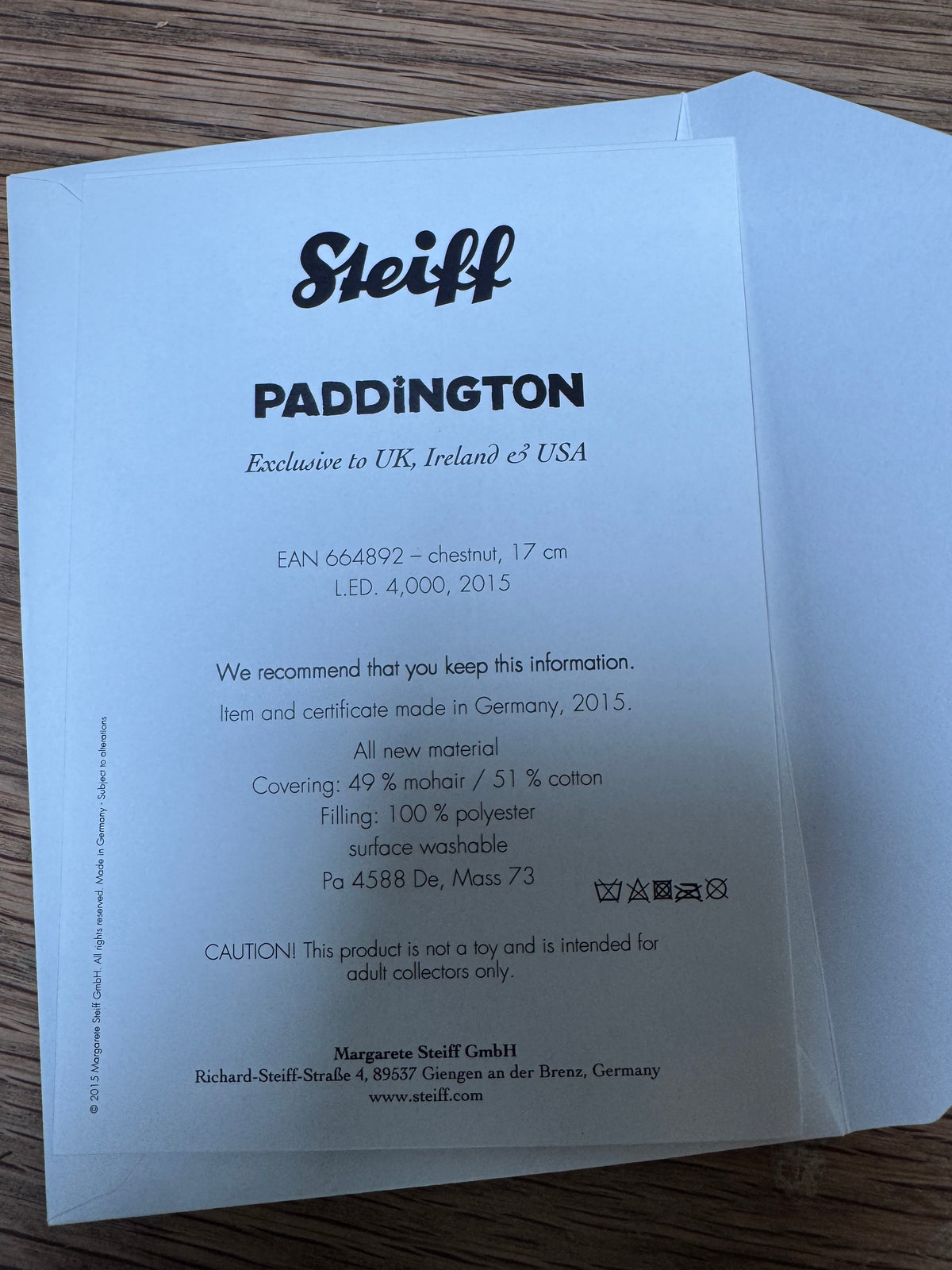 Steiff Paddington Bear -2015 Limited Edition