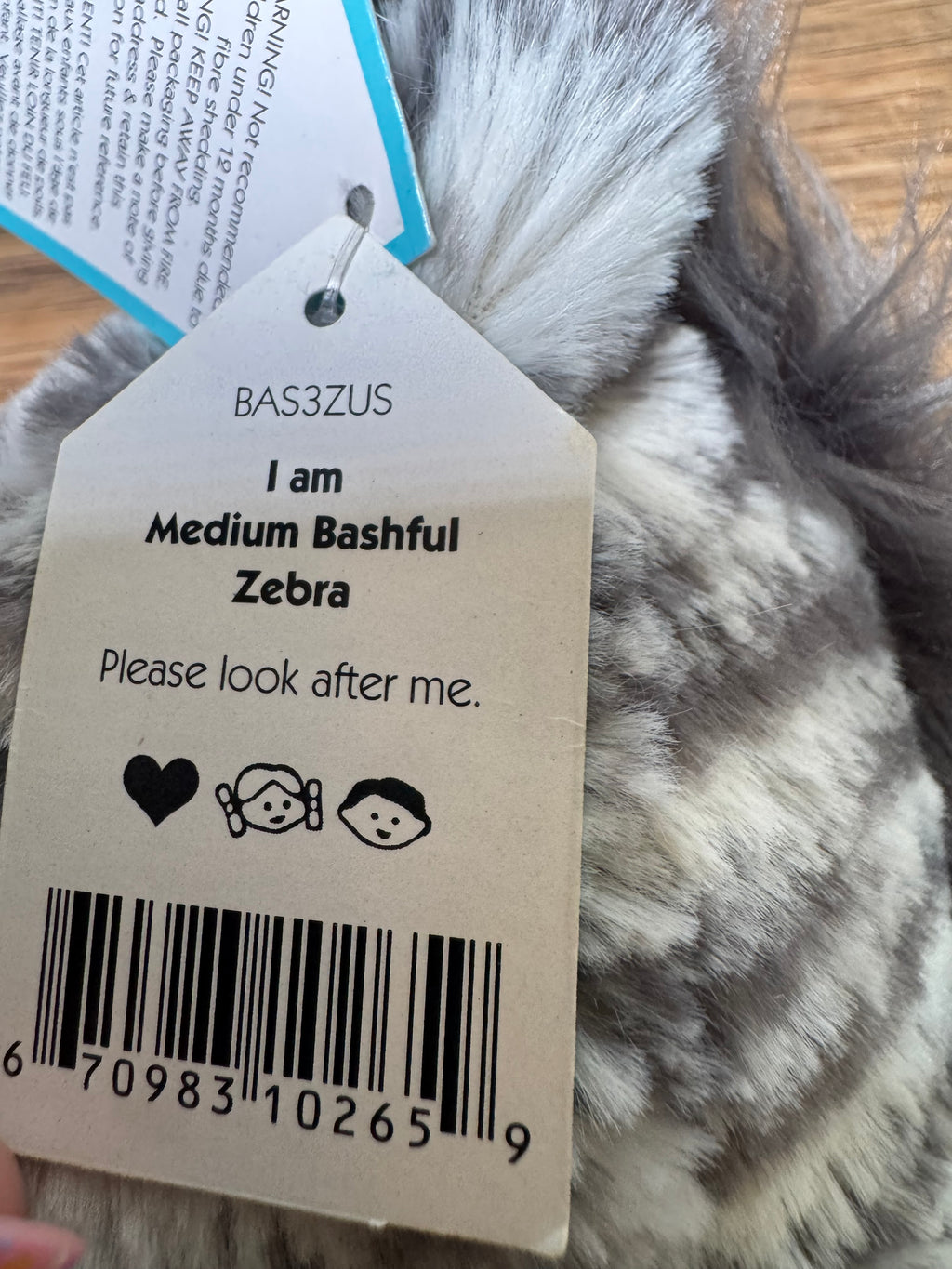 Jellycat Bashful Grey Zebra - Tagged